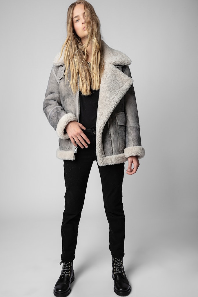 Shop Zadig & Voltaire Kain Shearling Coat In Anthracite