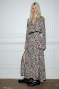 Rabella Dress - Women's long blue dress with slit and floral motifs