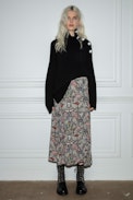 June Skirt - Women’s long blue skirt with floral motifs