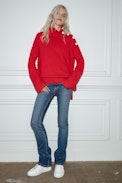 Jersey de 100% Cachemira Alma - Jersey de cachemira naranja con cuello vuelto y botones en el hombro para mujer