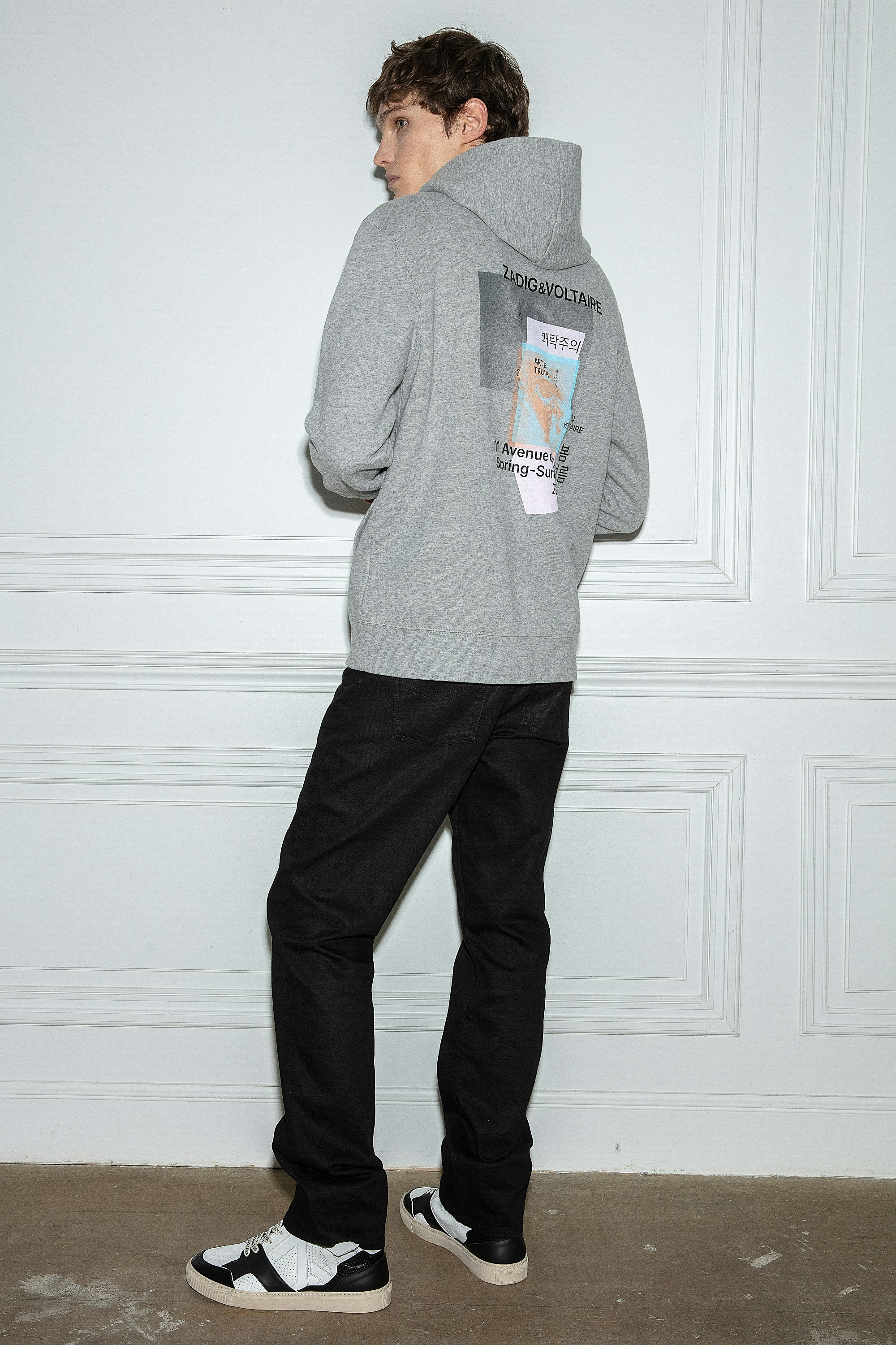 Sweatshirt Sanchi Photoprint Herren-Sweatshirt aus graumelierter Baumwolle mit Kapuze und Fotoprint auf der Rückseite
