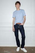 Stockholm Slub T-shirt - Men’s T-shirt in sky-blue cotton slub with round neck and short sleeves, and a skull print on the back