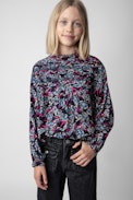 Sahara Girls’ Blouse - Girls’ navy blue blouse with print and lace.