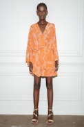Hailey Dress - Women’s short orange paisley-print silk dress, in a draped and gathered style