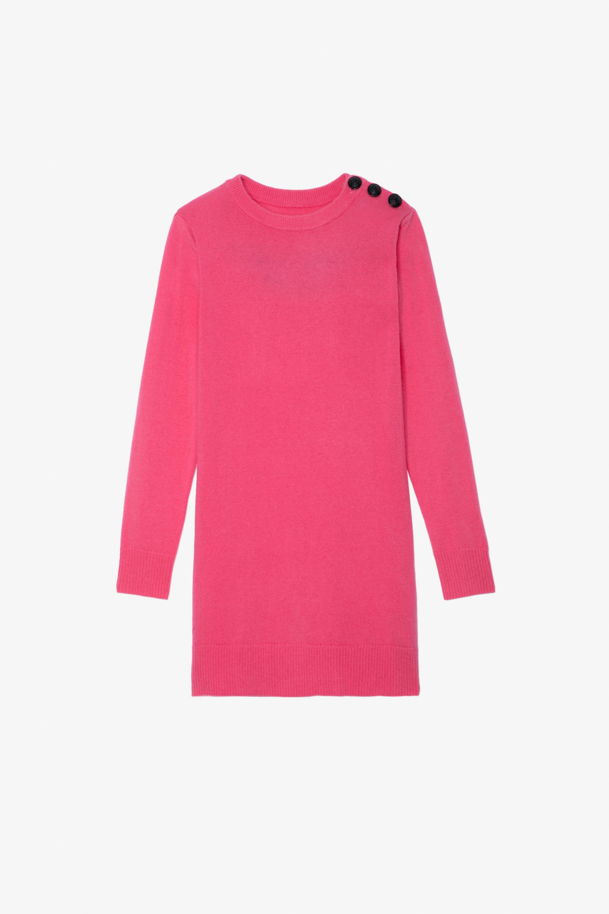 Kleid Harlow für Mädchen - Rosafarbenes Strickkleid mit Knöpfen und aufgestickten Flügeln auf dem Rücken für Mädchen.
