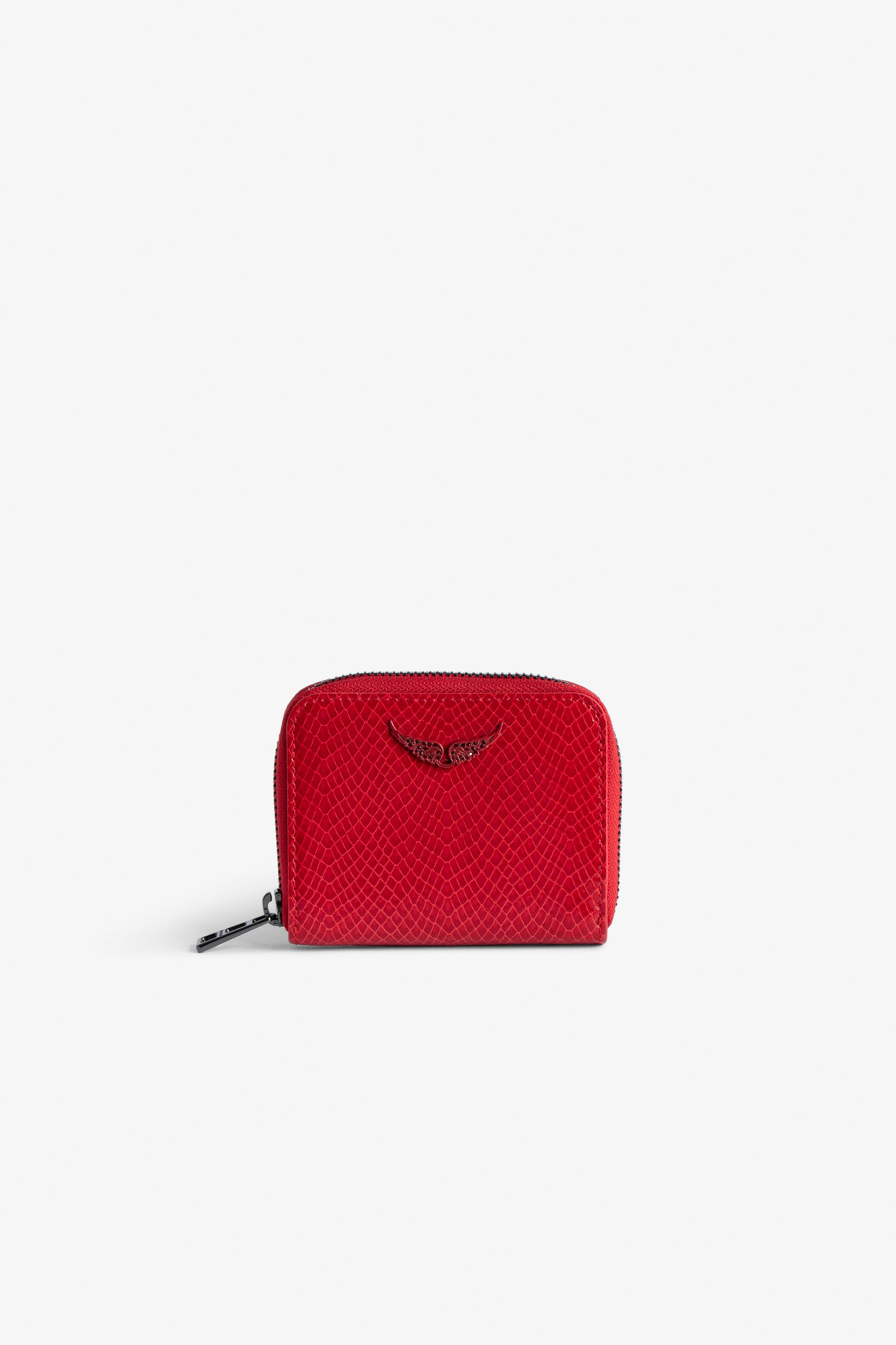 Porte-Monnaie Mini ZV Glossy Wild Embossé - Portefeuille en cuir brillant rouge effet python orné d'un charm ailes à strass.