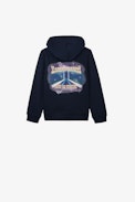 Sudadera Sanchi Niño - Sudadera con capucha azul marino de felpa de algodón con logo ZV y estampado para niño.