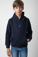 Sudadera Sanchi Niño - Sudadera con capucha azul marino de felpa de algodón con logo ZV y estampado para niño.