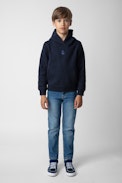 Sudadera Sanchi Niño - Sudadera con capucha azul marino de felpa de algodón con logo ZV y estampado para niño.