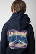 Sudadera Sanchi Niño - Sudadera con capucha azul marino de felpa de algodón con logo ZV y estampado para niño.