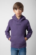 Sudadera Sanchi Niño - Sudadera con capucha violeta de felpa de algodón con escudo para niño.