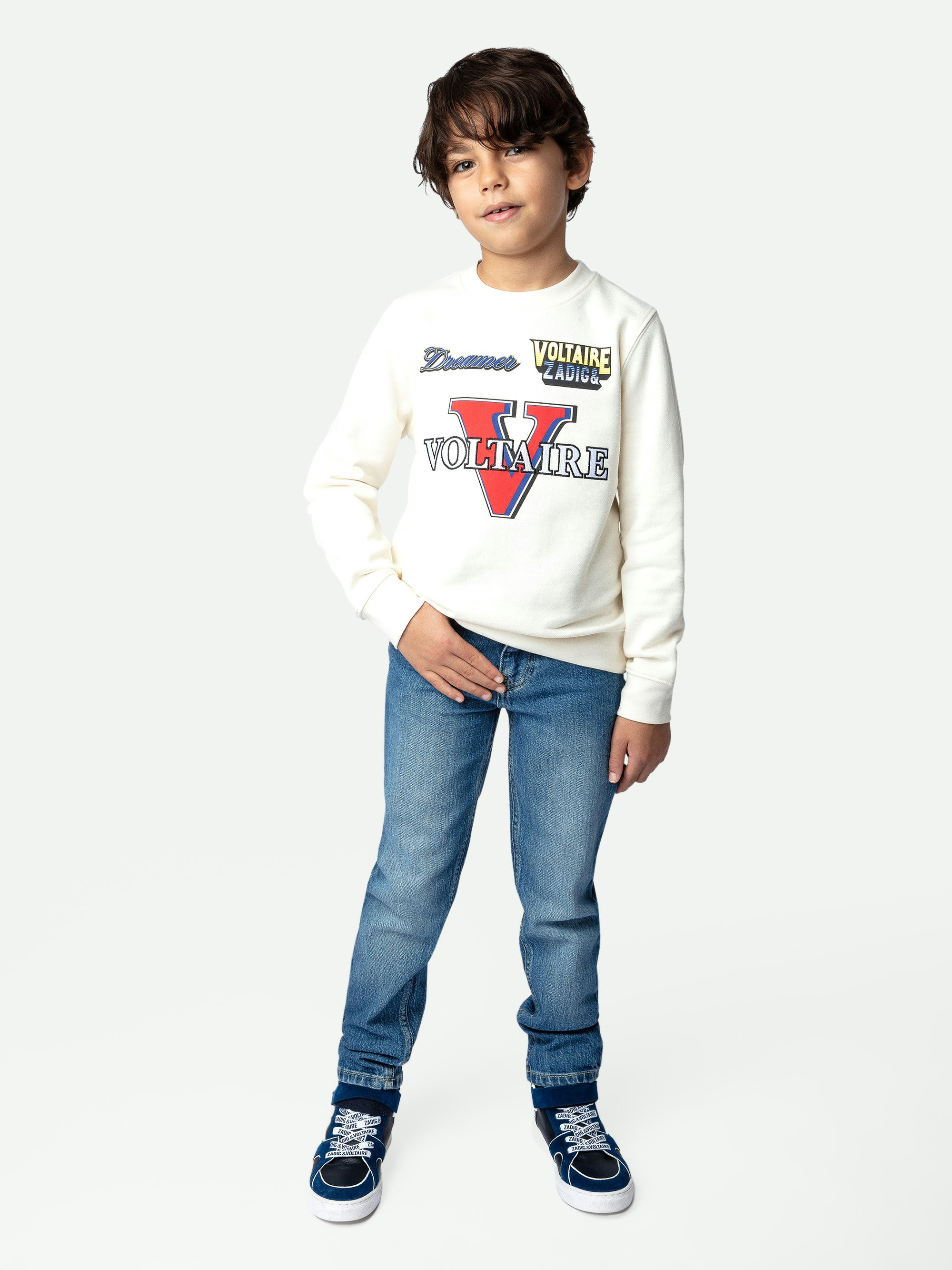Sweatshirt Simba Garçon - Sweatshirt garçon en coton molletonné écru orné d'illustrations, broderies et coudes rembourrées.
