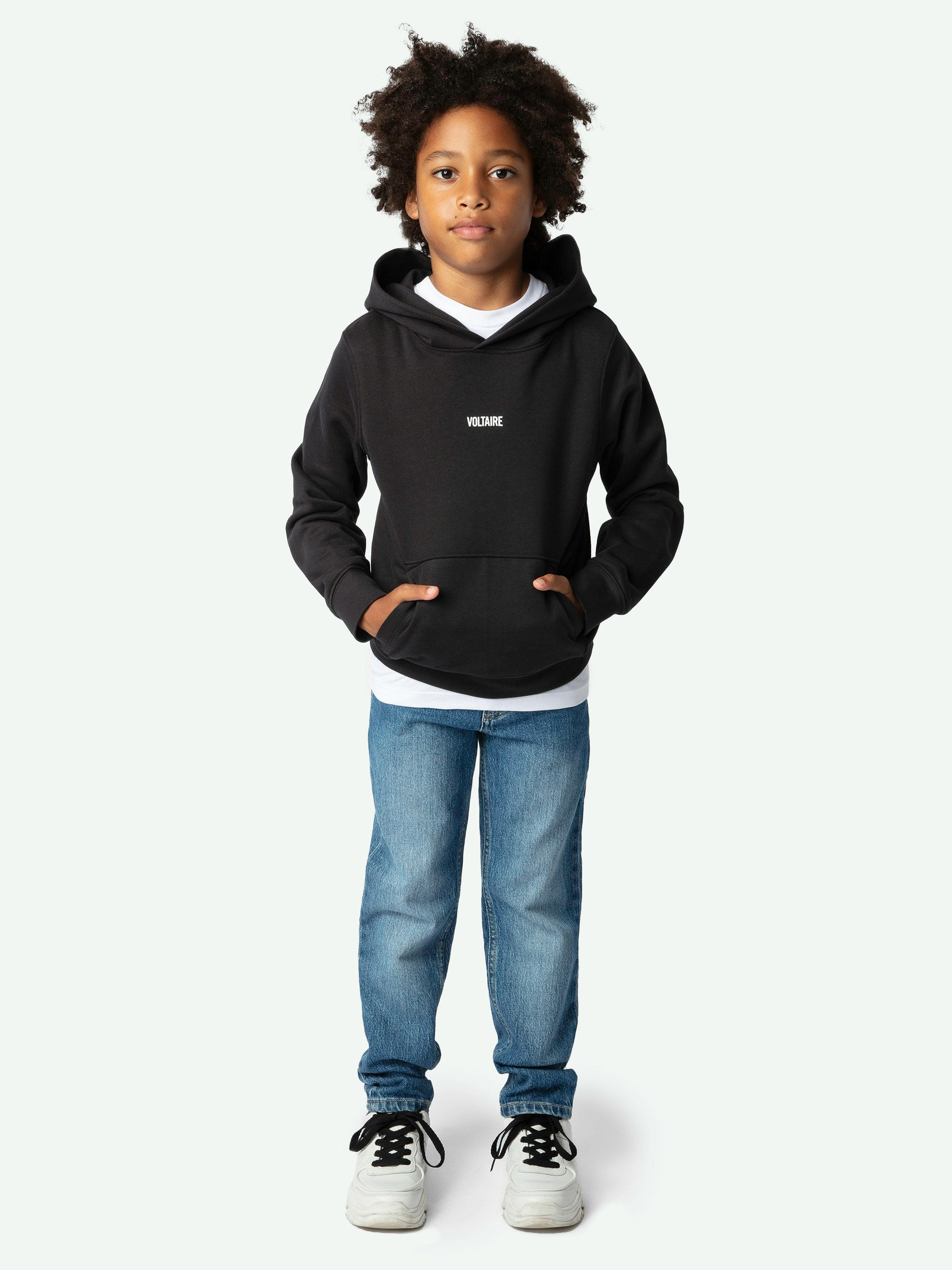 Boys' Sanchi Sweatshirt - Boys' long-sleeved black cotton fleece hooded sweatshirt with photoprint.