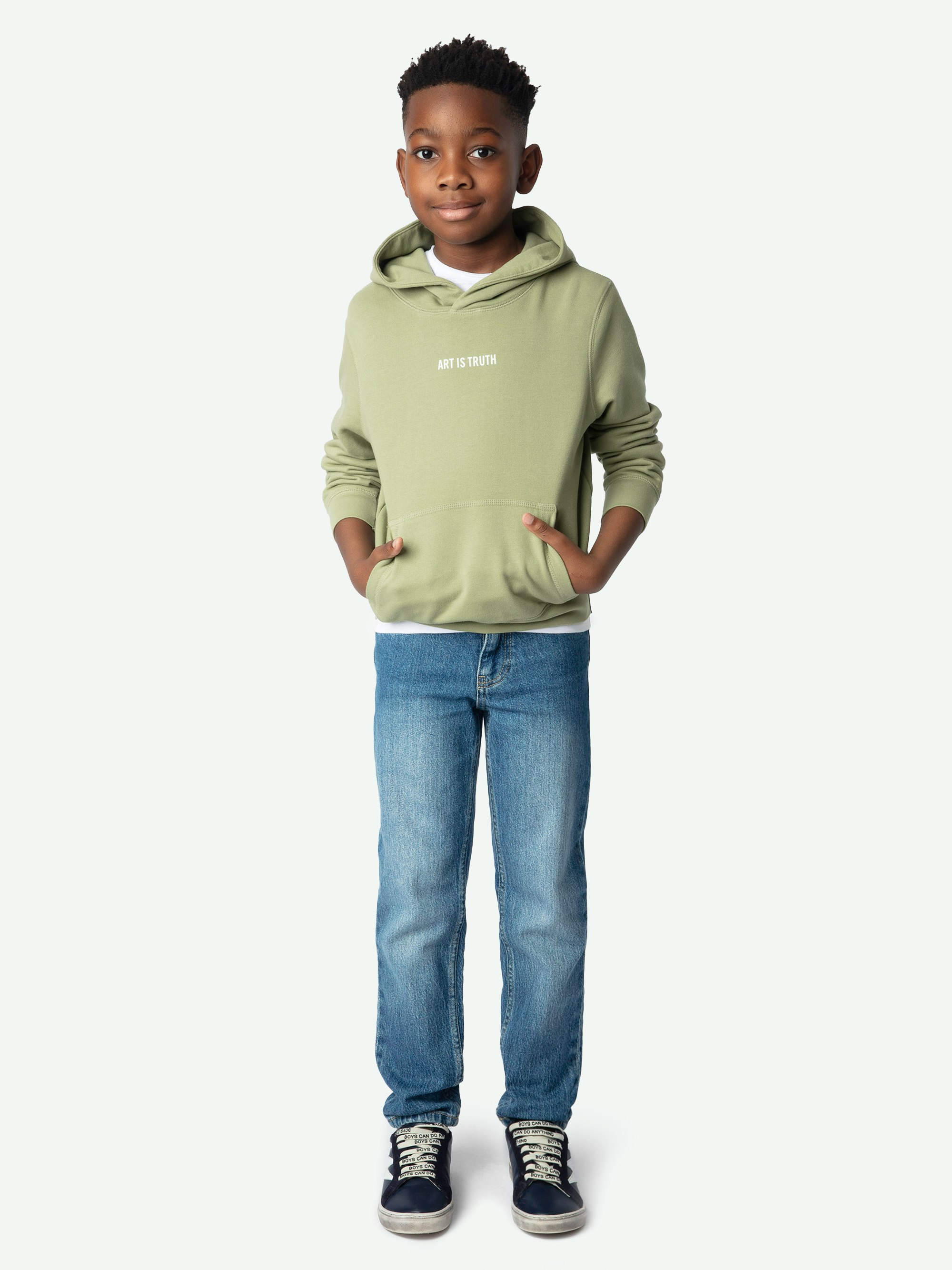 Sanchi Boys' Sweatshirt - Fleece-lined khaki cotton sweatshirt featuring an "Art" message on the front and an illustration with embroidered details on the back.