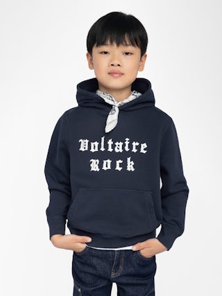 Sanchi Boy's Sweatshirt - Hooded sweatshirt with printed and embroidered "Voltaire Rock" logo on the front.