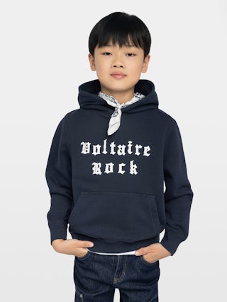 Sanchi Boy's Sweatshirt - Hooded sweatshirt with printed and embroidered "Voltaire Rock" logo on the front.