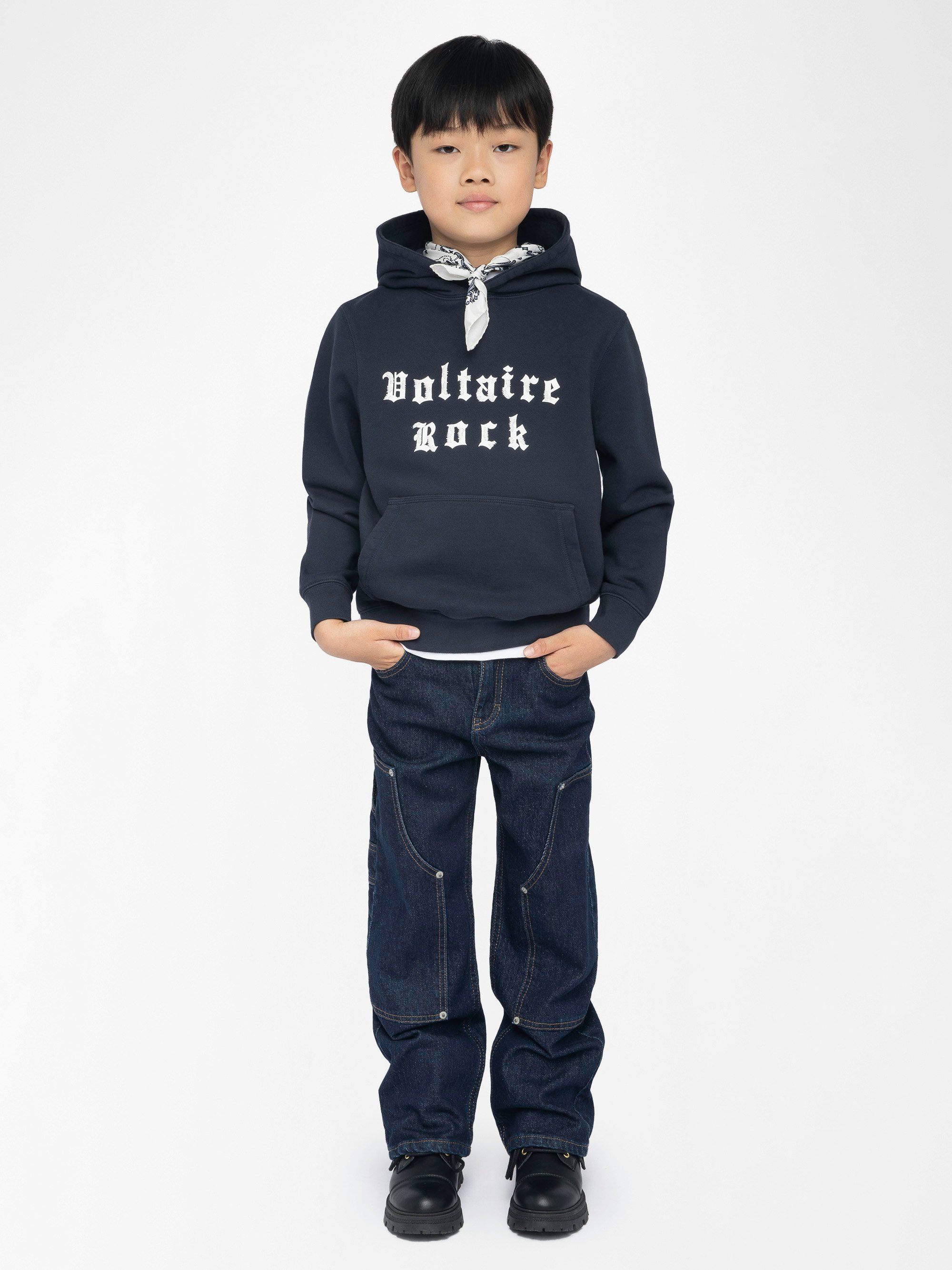 Sanchi Boy's Sweatshirt - Hooded sweatshirt with printed and embroidered "Voltaire Rock" logo on the front.