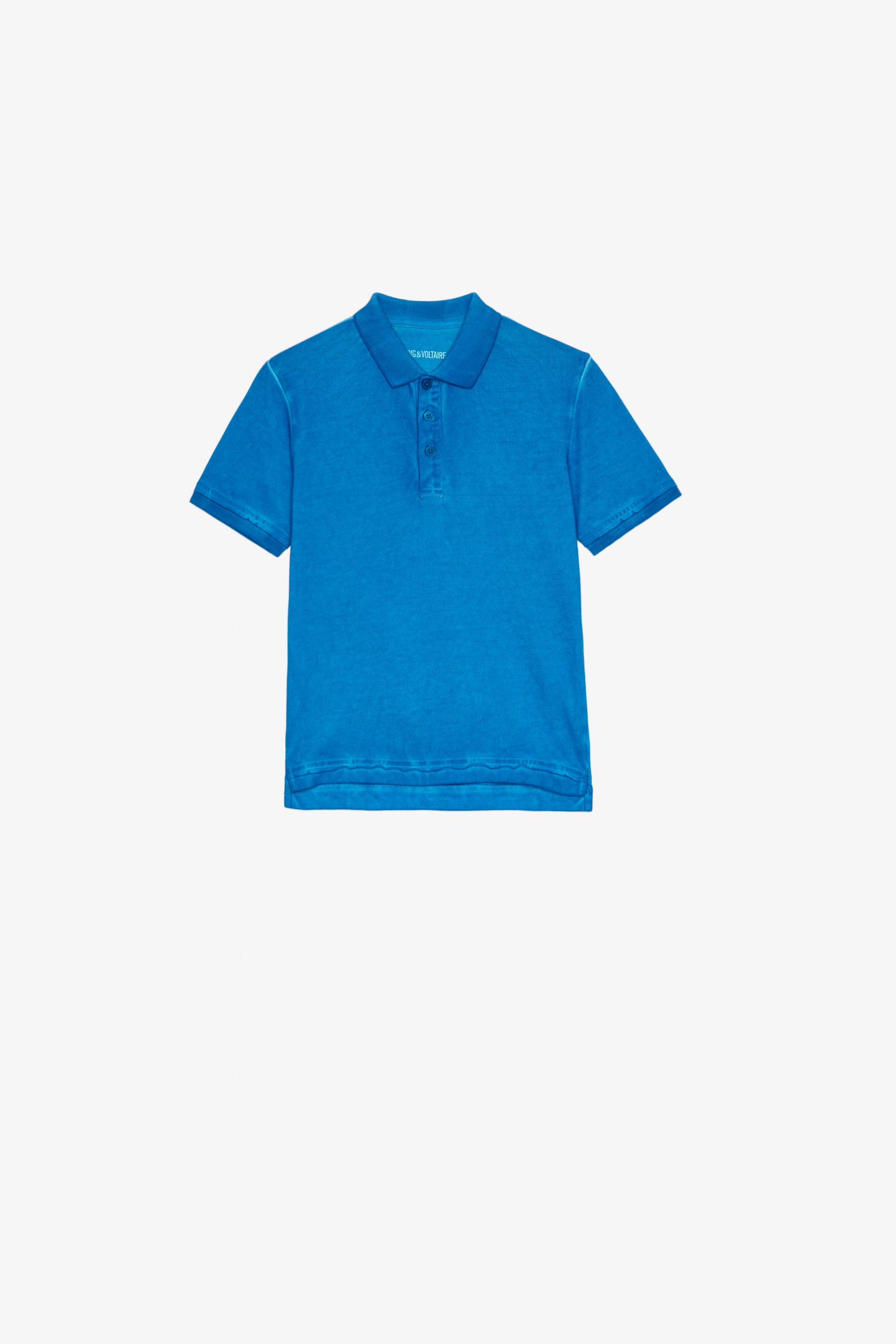 Trot Kids’ Polo Shirt Blue cotton polo shirt with an illustration on the back