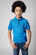 Kinder-Poloshirt Trot - Kinder-Poloshirt aus blauer Baumwolle mit Illustration auf der Rückseite