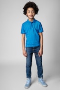 Kinder-Poloshirt Trot - Kinder-Poloshirt aus blauer Baumwolle mit Illustration auf der Rückseite