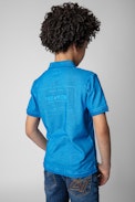 Kinder-Poloshirt Trot - Kinder-Poloshirt aus blauer Baumwolle mit Illustration auf der Rückseite
