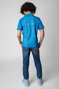 Kinder-Poloshirt Trot - Kinder-Poloshirt aus blauer Baumwolle mit Illustration auf der Rückseite