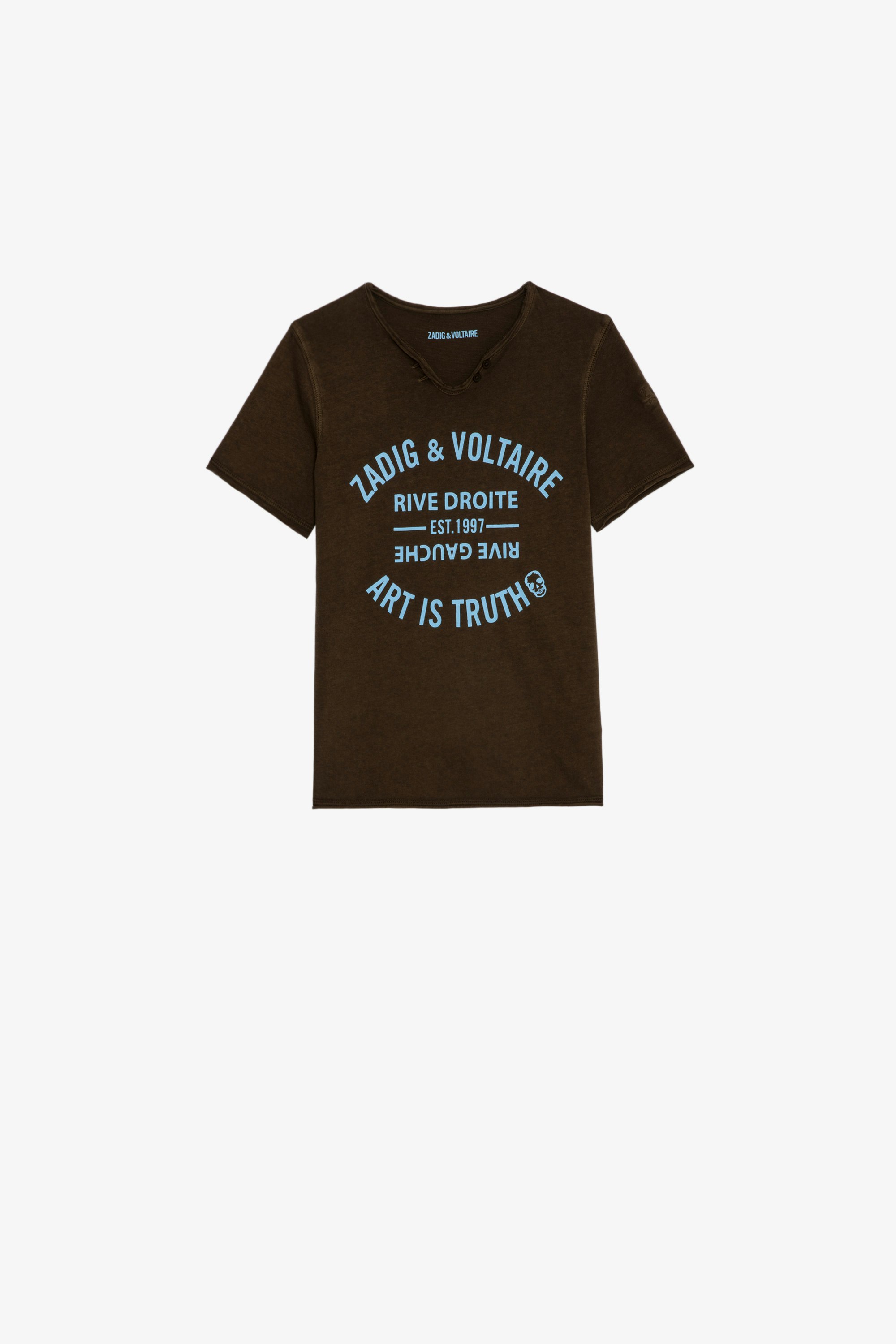 Boxer Children’s T-Shirt Children’s khaki cotton short-sleeve Henley T-shirt with insignia print 