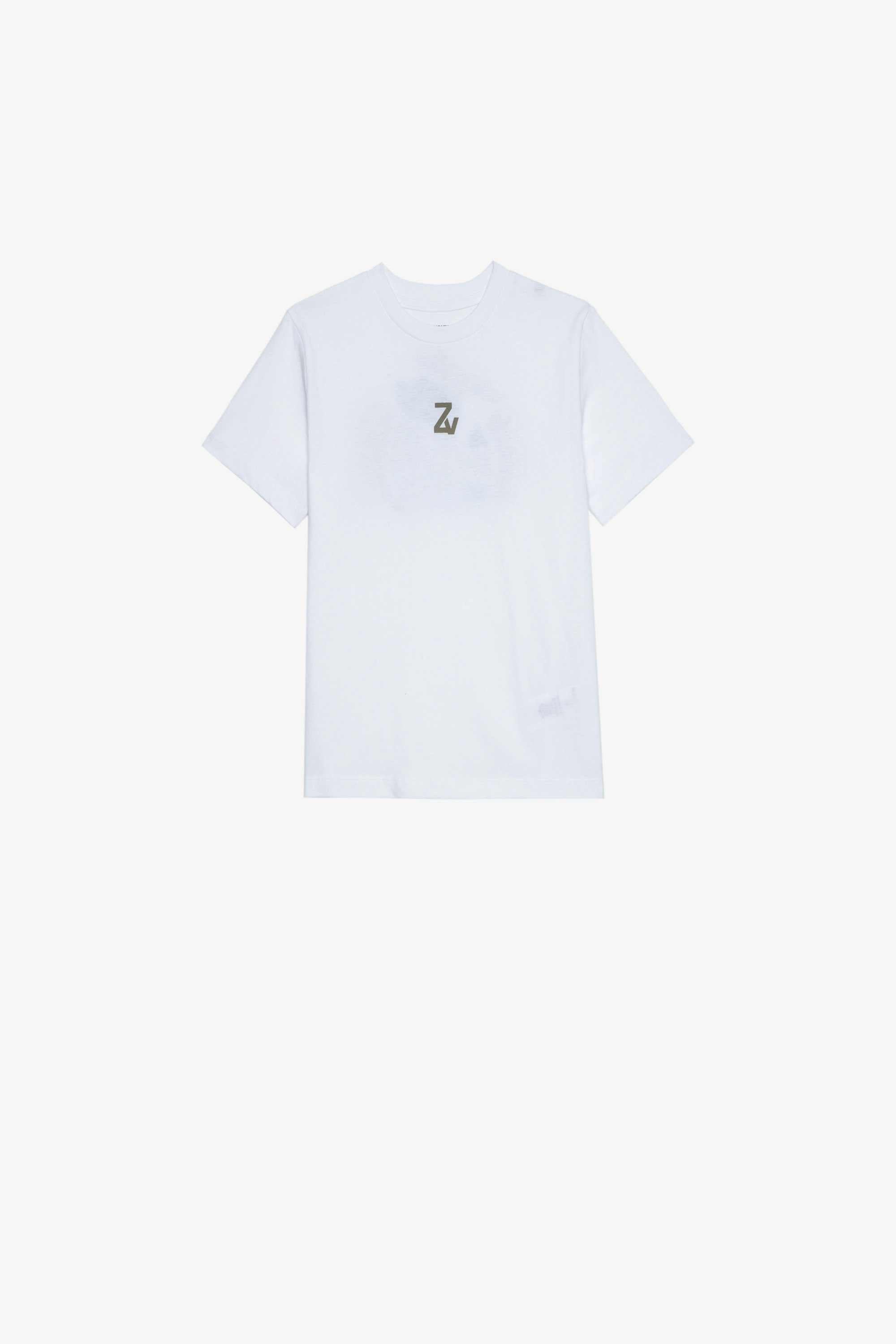 Kinder-T-Shirt Kita Kurzärmeliges Kinder-T-Shirt aus weißer Baumwolle mit Motiven auf Vorder- und Rückseite