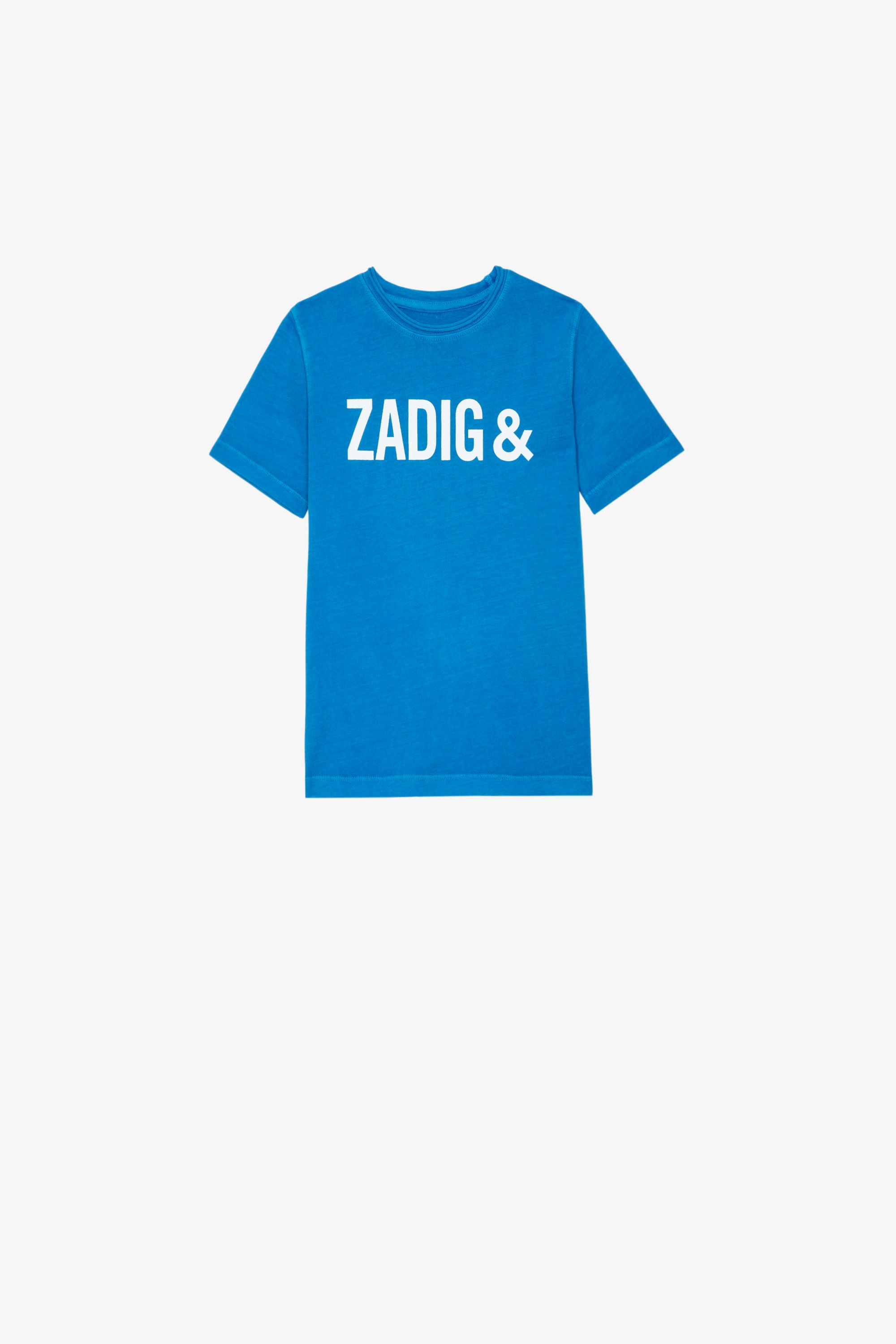 Camiseta Kita Infantil Camiseta azul de punto de algodón de manga corta infantil con firma ZV
