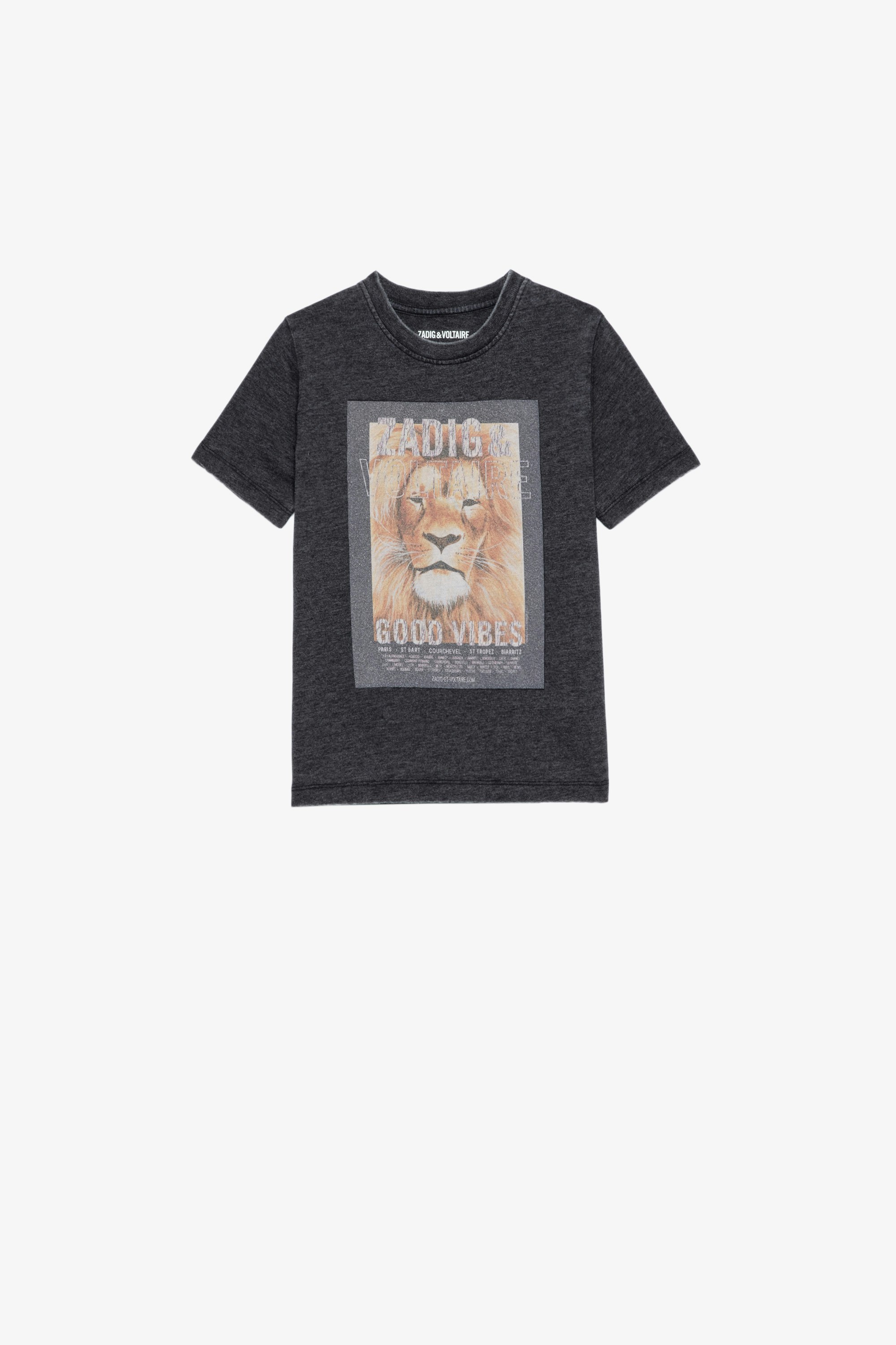 Kinder-T-Shirt Kita Graumeliertes Kinder-T-Shirt aus Baumwolljersey in Washed-Optik mit kurzen Ärmeln und Fotoprint auf der Vorderseite
