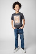 Kinder-T-Shirt Kita - Graumeliertes Kinder-T-Shirt aus Baumwolljersey in Washed-Optik mit kurzen Ärmeln und Fotoprint auf der Vorderseite
