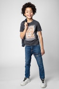 Kinder-T-Shirt Kita - Graumeliertes Kinder-T-Shirt aus Baumwolljersey in Washed-Optik mit kurzen Ärmeln und Fotoprint auf der Vorderseite