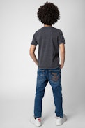Kinder-T-Shirt Kita - Graumeliertes Kinder-T-Shirt aus Baumwolljersey in Washed-Optik mit kurzen Ärmeln und Fotoprint auf der Vorderseite
