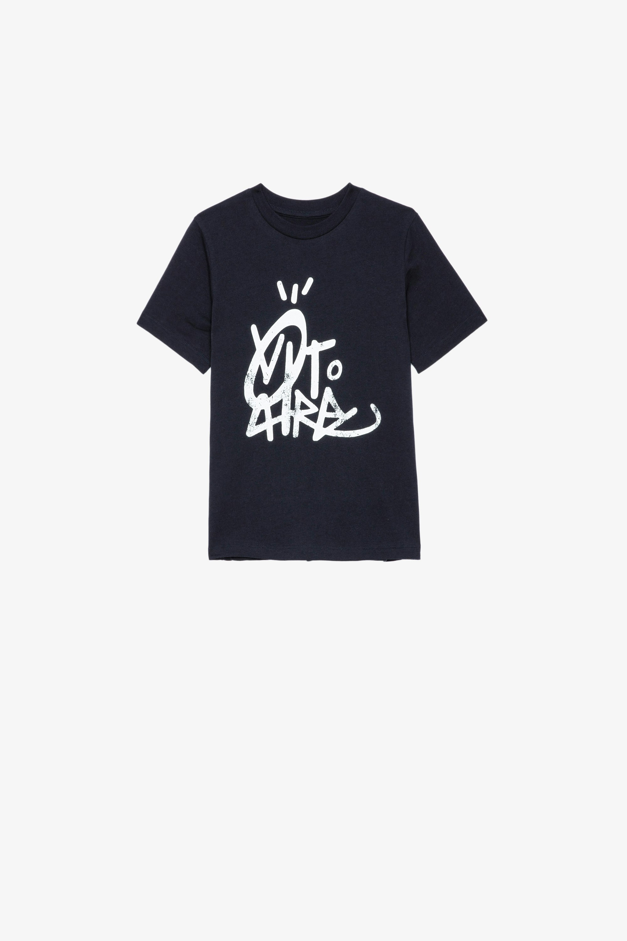 Kita アンファン Ｔシャツ マリンブルー コットンジャージー半袖Tシャツ フロントにJormiのデザイン キッズ