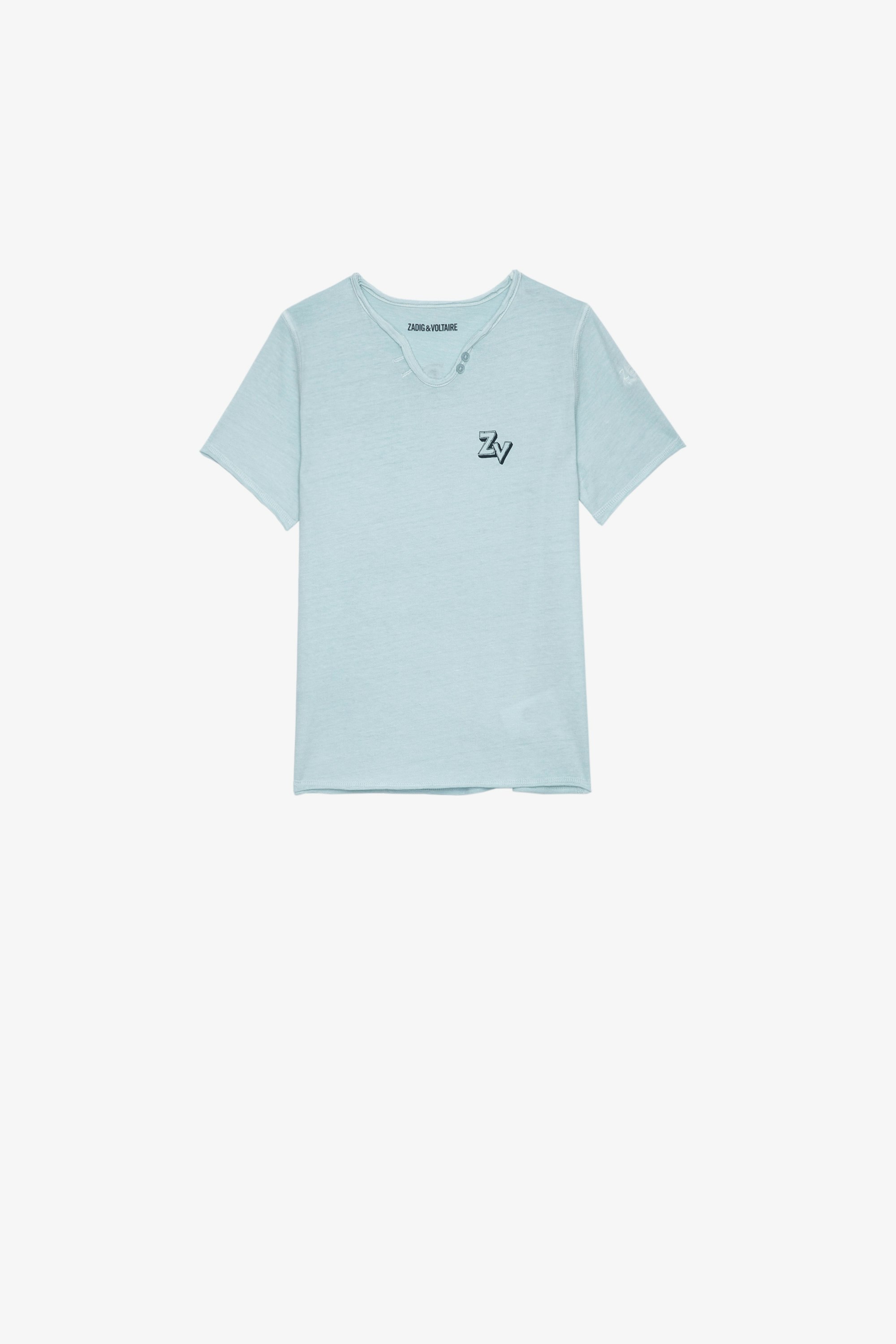 Kinder-T-Shirt Boxer Kurzärmeliges Kinder-T-Shirt aus himmelblauem Baumwolljersey mit Gitarrenprint, ZV-Signatur und Stickereien