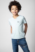 Boxer Kids' T-shirt - Kids’ short-sleeve T-shirt in sky-blue cotton jersey with guitar print, ZV signature and embroidery