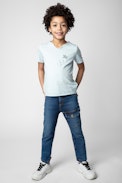 Boxer Kids' T-shirt - Kids’ short-sleeve T-shirt in sky-blue cotton jersey with guitar print, ZV signature and embroidery