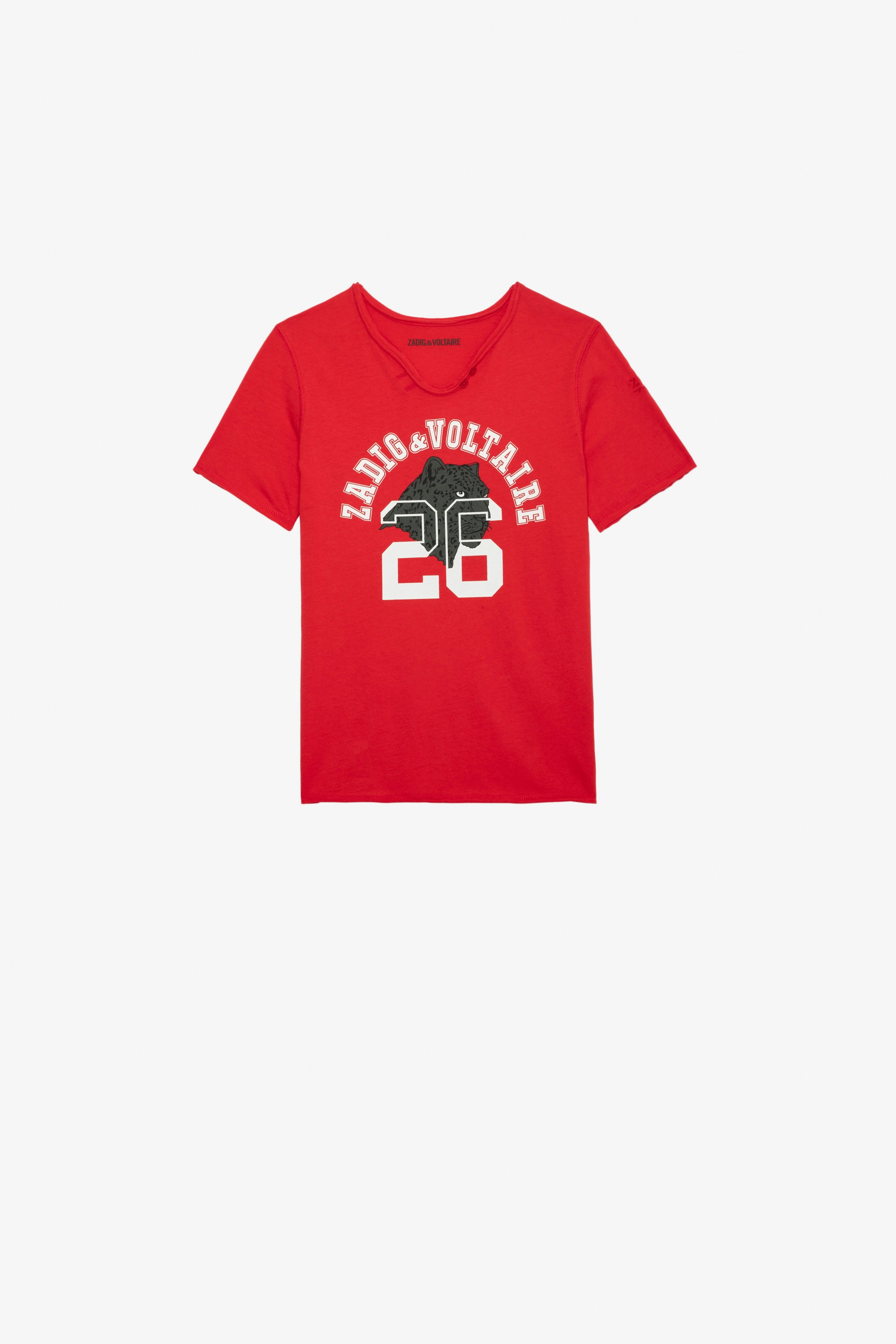 Camiseta Boxer Niño Camiseta roja de punto de algodón de manga corta con estampado para niño.
