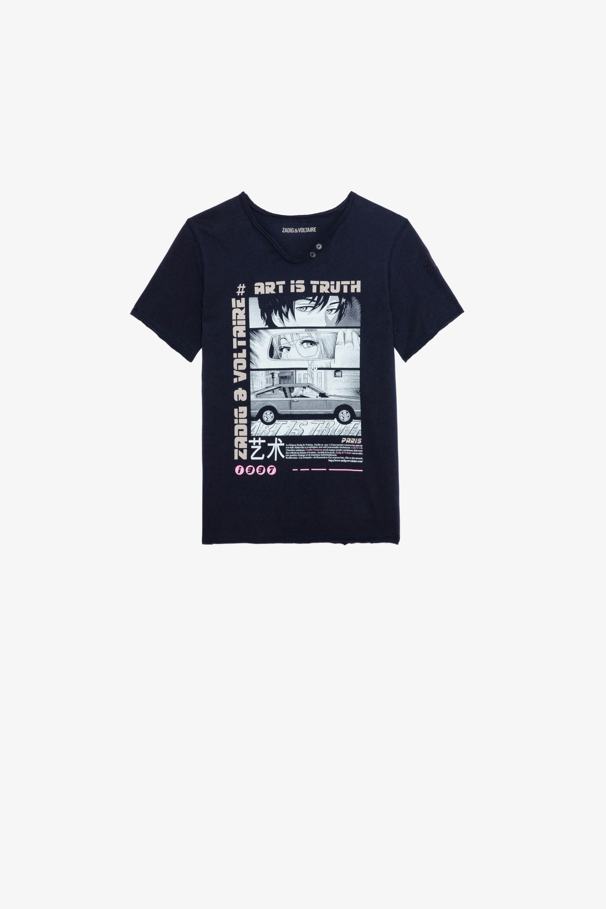 T-Shirt Boxer für Jungen - T-Shirt mit kurzen Ärmeln aus marineblauer Jersey-Baumwolle mit Manga-Print für Jungen.