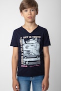 Camiseta Boxer Niño - Camiseta azul marino de punto de algodón de manga corta con estampado manga para niño.