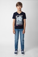 Camiseta Boxer Niño - Camiseta azul marino de punto de algodón de manga corta con estampado manga para niño.
