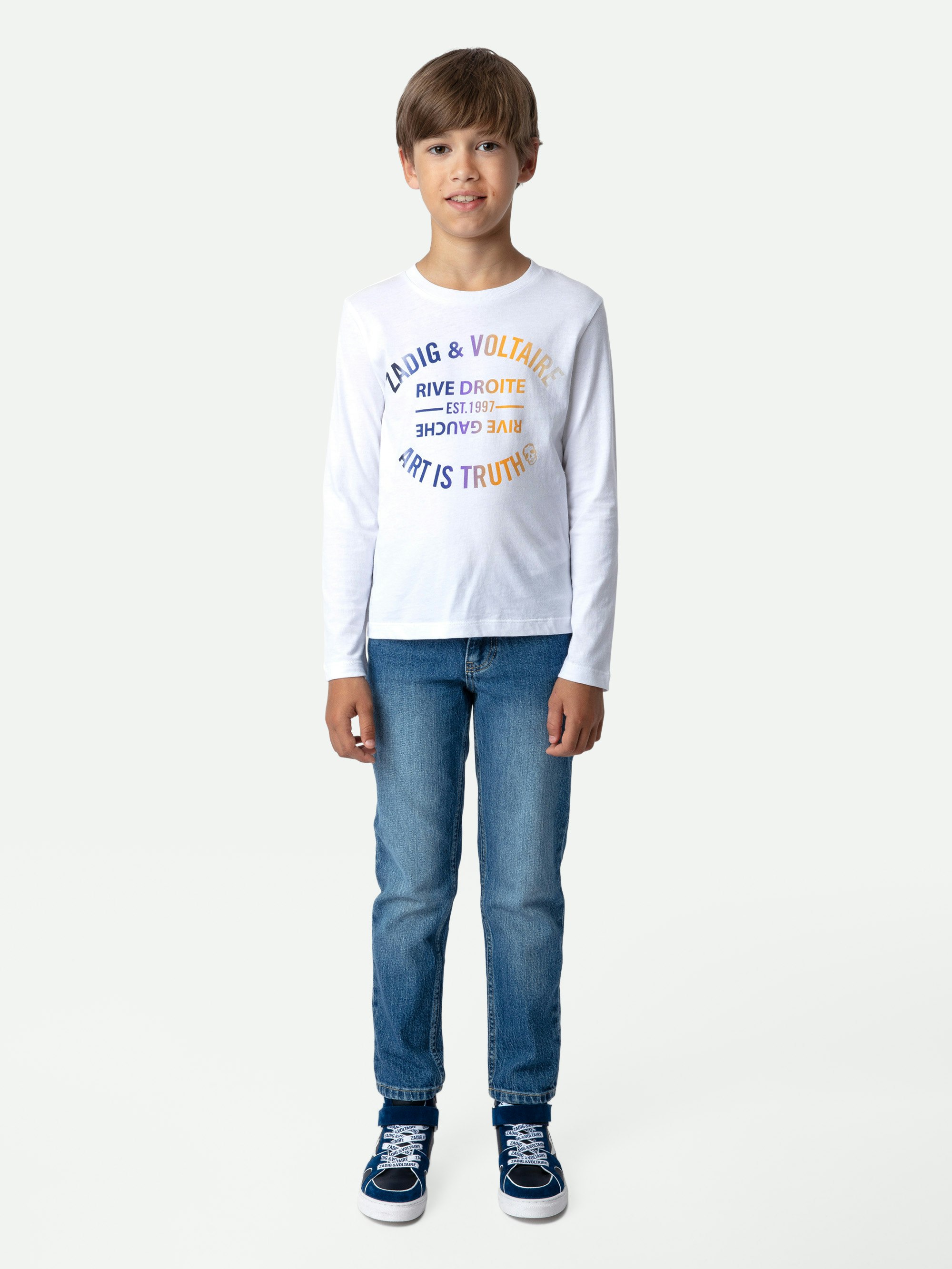 T-Shirt Kita für Jungen - T-Shirt mit langen Ärmeln aus weißer Jersey-Baumwolle mit Blason-Print für Jungen.