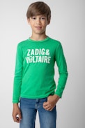Camiseta Kita Niño - Camiseta verde de punto de algodón de manga larga con logo de calavera para niño.