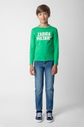 Camiseta Kita Niño - Camiseta verde de punto de algodón de manga larga con logo de calavera para niño.