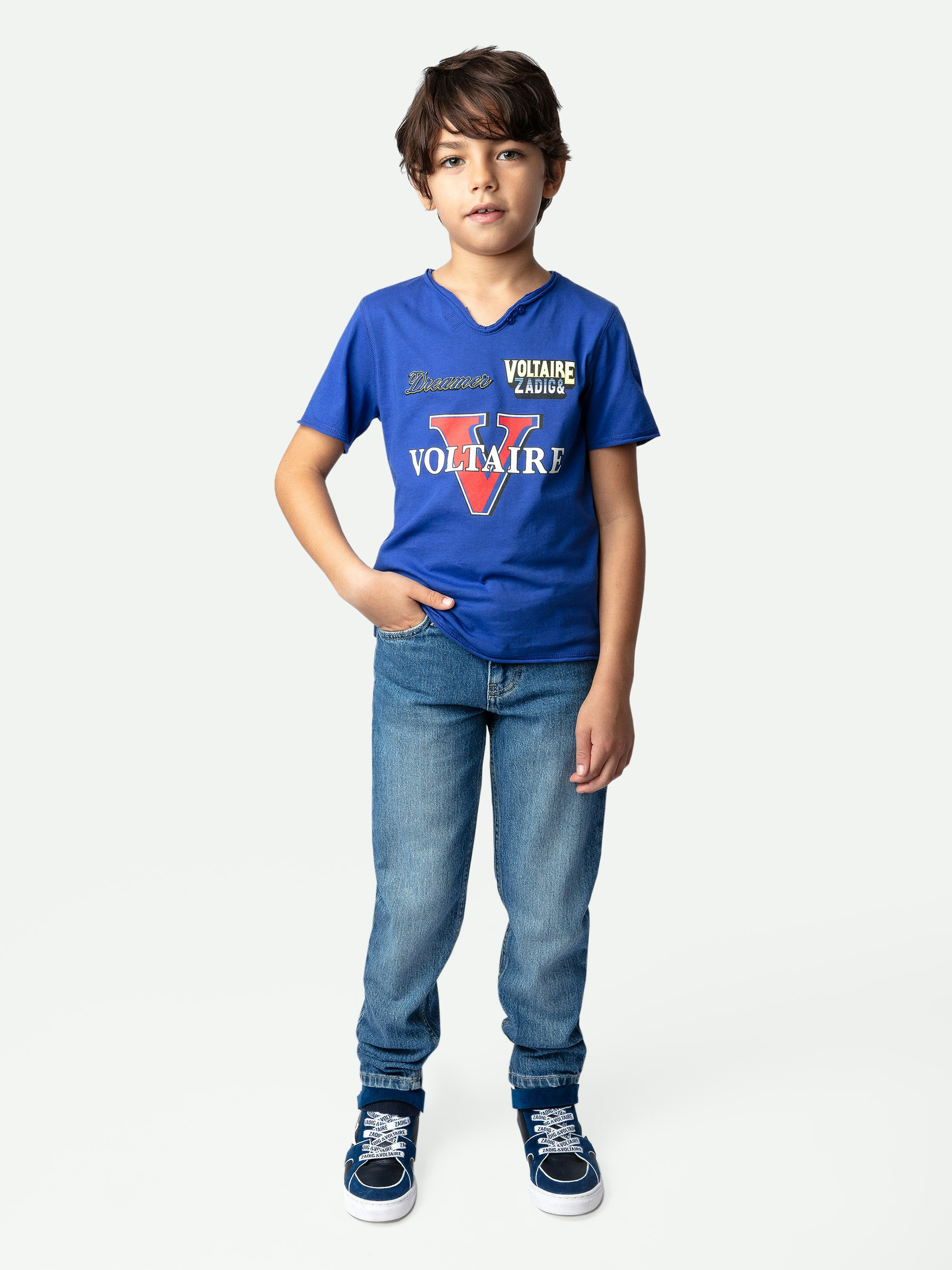 T-Shirt Boxer für Jungen - Blaues Jungen-T-Shirt mit kurzen Ärmeln aus Baumwolljersey mit Illustrationen und Stickereien.
