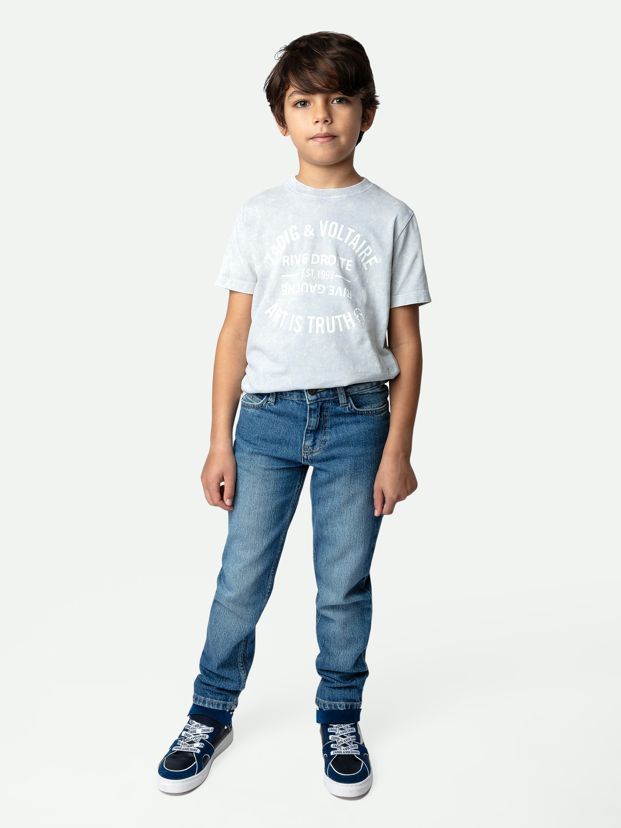 Camiseta Kita Niño - Camiseta de jersey de algodón en color gris con efecto nieve para niño, con mangas cortas y escudo decorativo.
