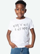 Camiseta Toby Niño - Camiseta de jersey de algodón flameado blanco decorada con una ilustración "Rock'n'Roll Is Not Dead".
