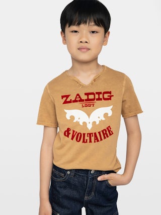Boxo Boy's Henley T-shirt - Cotton henley t-shirt with printed and flocked illustration on the front.