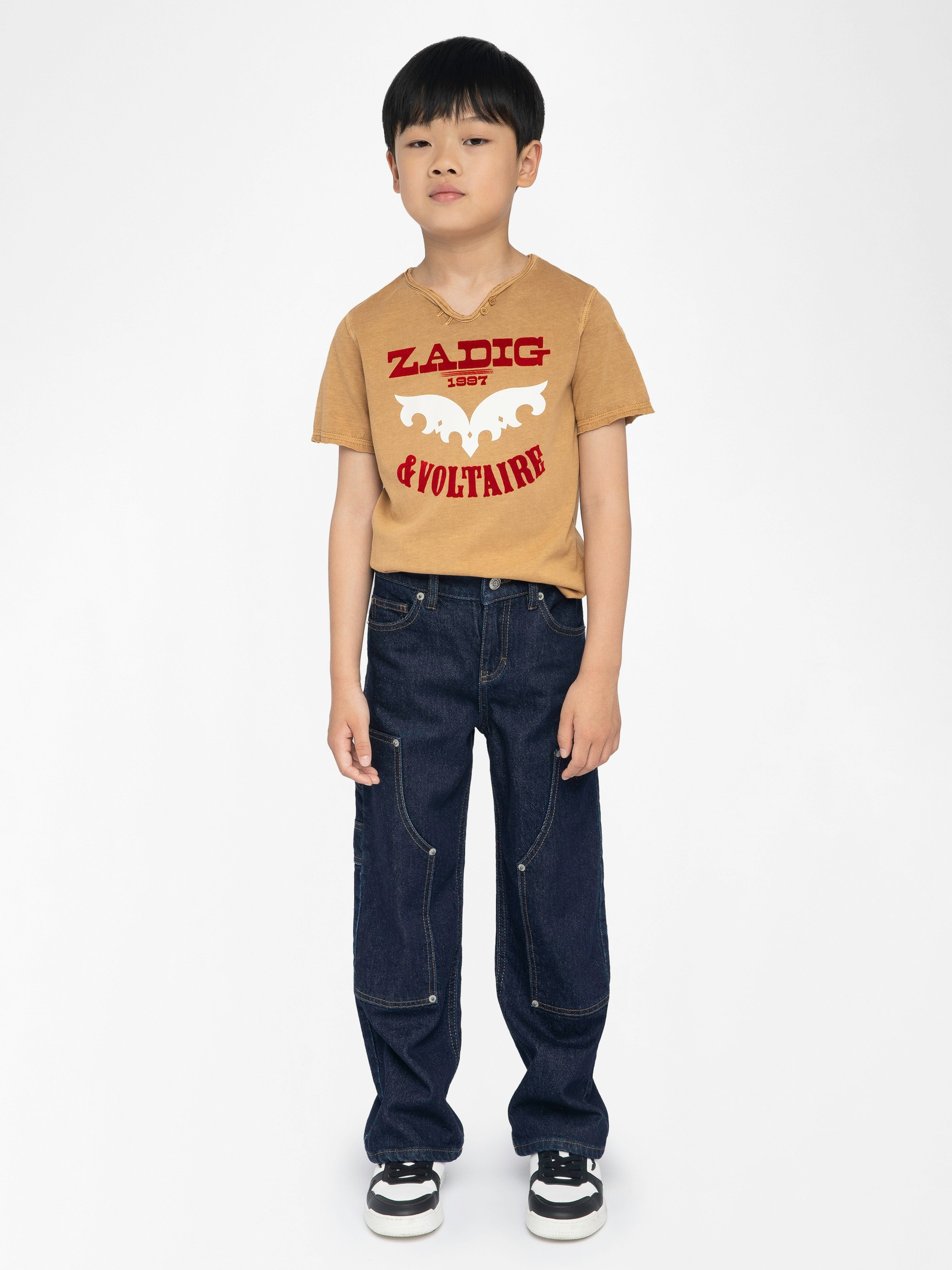 Boxo Boy's Henley T-shirt - Cotton henley t-shirt with printed and flocked illustration on the front.