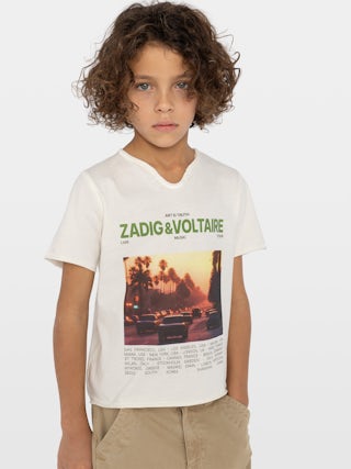 Henley T-shirt Boxo Boy - Short-sleeve Henley T-shirt with photo print and embroidered patches.